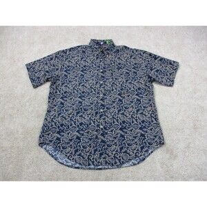 Tommy Hilfiger Shirt Mens Medium Blue Crest All Over Print Camp Button Up 90s